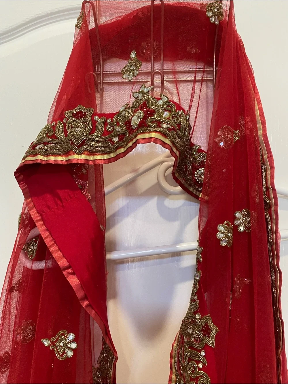 Bridal Red Embellished Sheer Scarf with Gold Accents